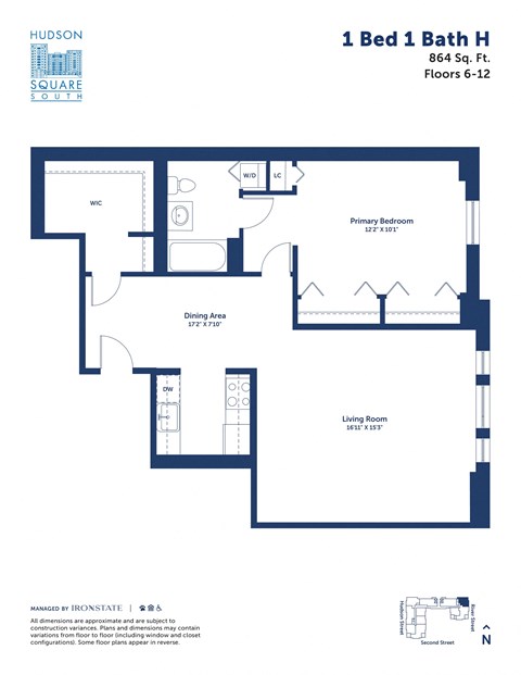 Floor plan for 1 bed, 1 bath, 864 sqft